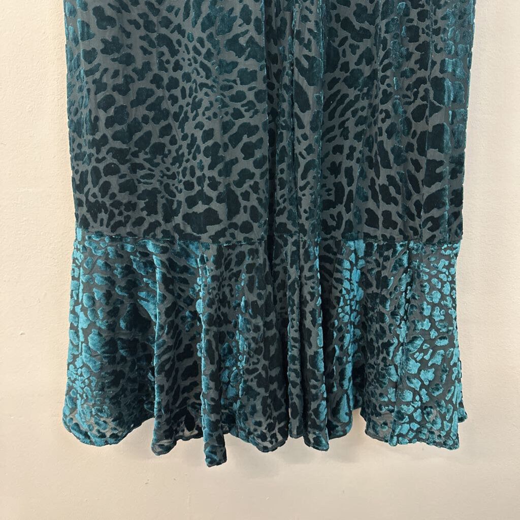 Calvin Klein Teal Velvet Leopard Print Long Sleeve Midi Dress 16