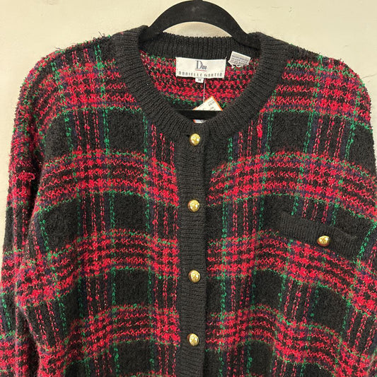 Vintage Danielle Martin Black/ Red Green Plaid Cardigan Christmas Sweater Medium