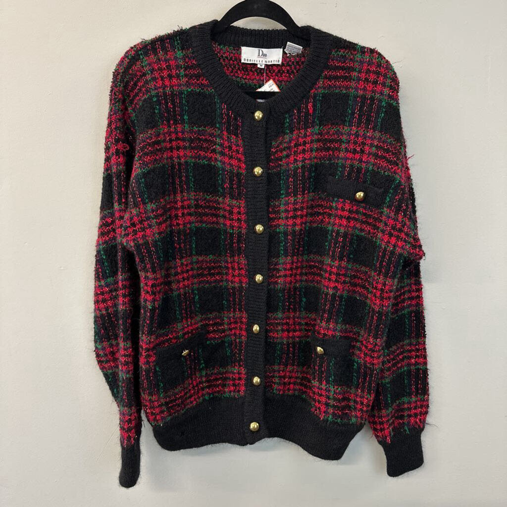 Vintage Danielle Martin Black/ Red Green Plaid Cardigan Christmas Sweater Medium