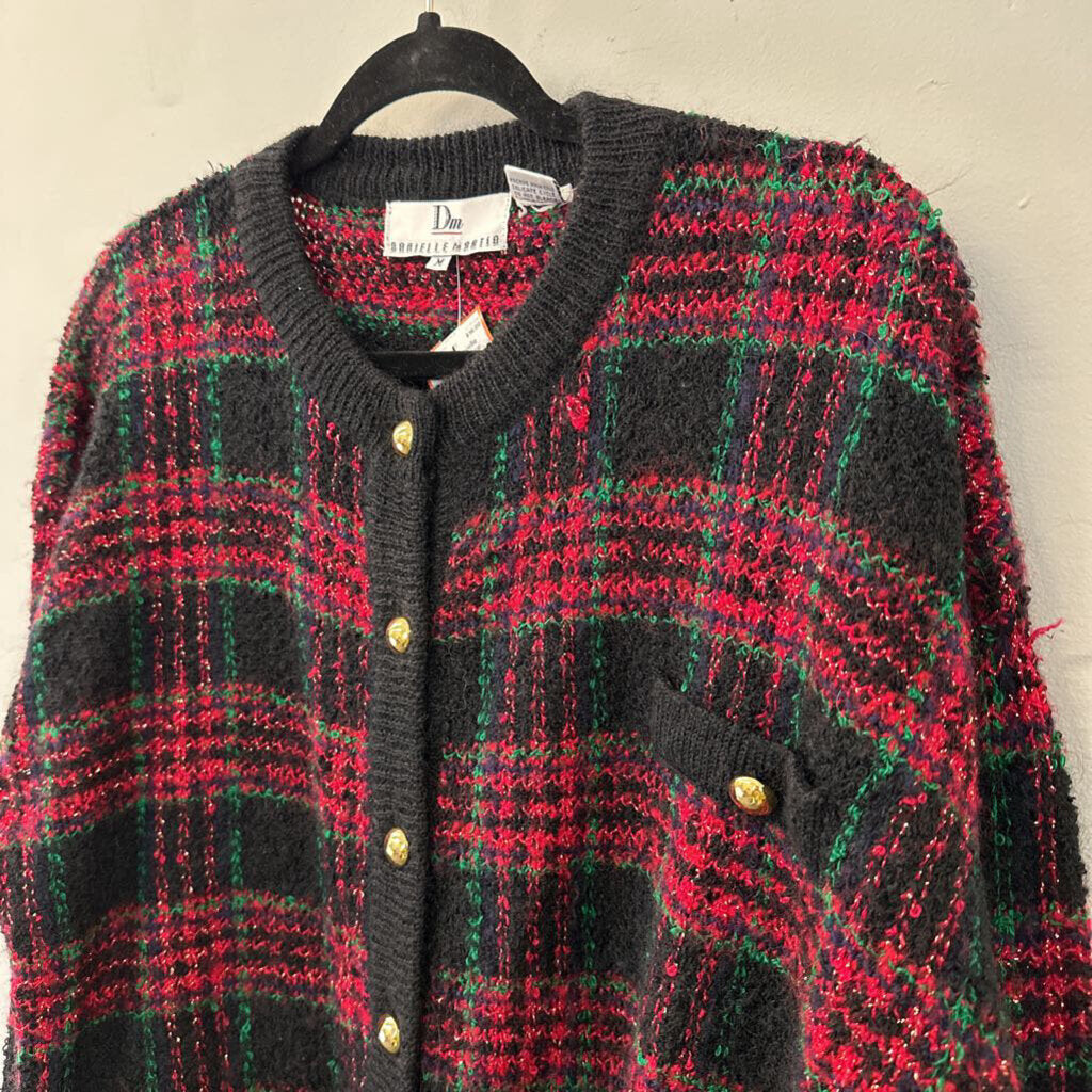 Vintage Danielle Martin Black/ Red Green Plaid Cardigan Christmas Sweater Medium