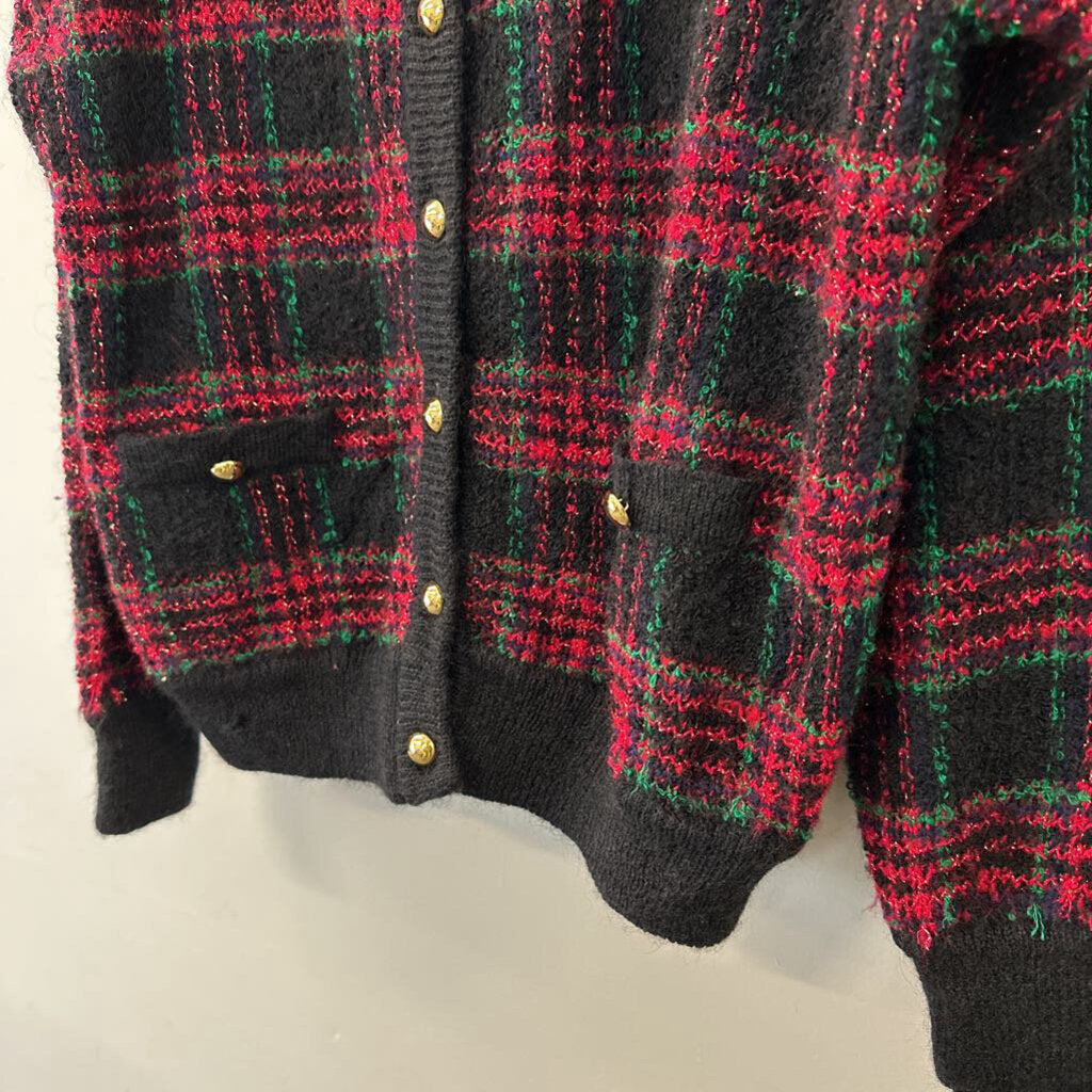 Vintage Danielle Martin Black/ Red Green Plaid Cardigan Christmas Sweater Medium