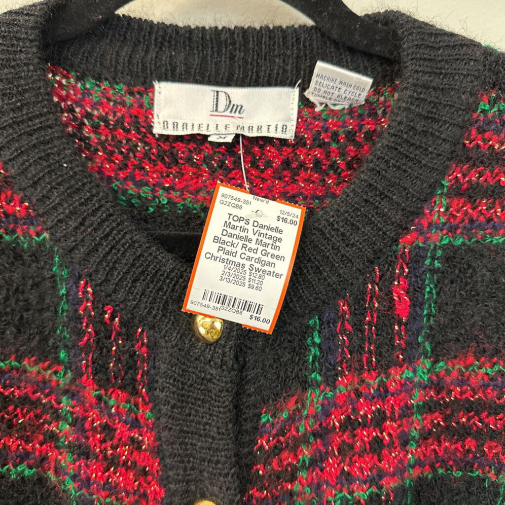 Vintage Danielle Martin Black/ Red Green Plaid Cardigan Christmas Sweater Medium