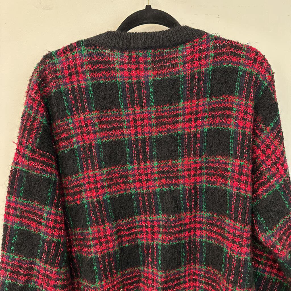 Vintage Danielle Martin Black/ Red Green Plaid Cardigan Christmas Sweater Medium