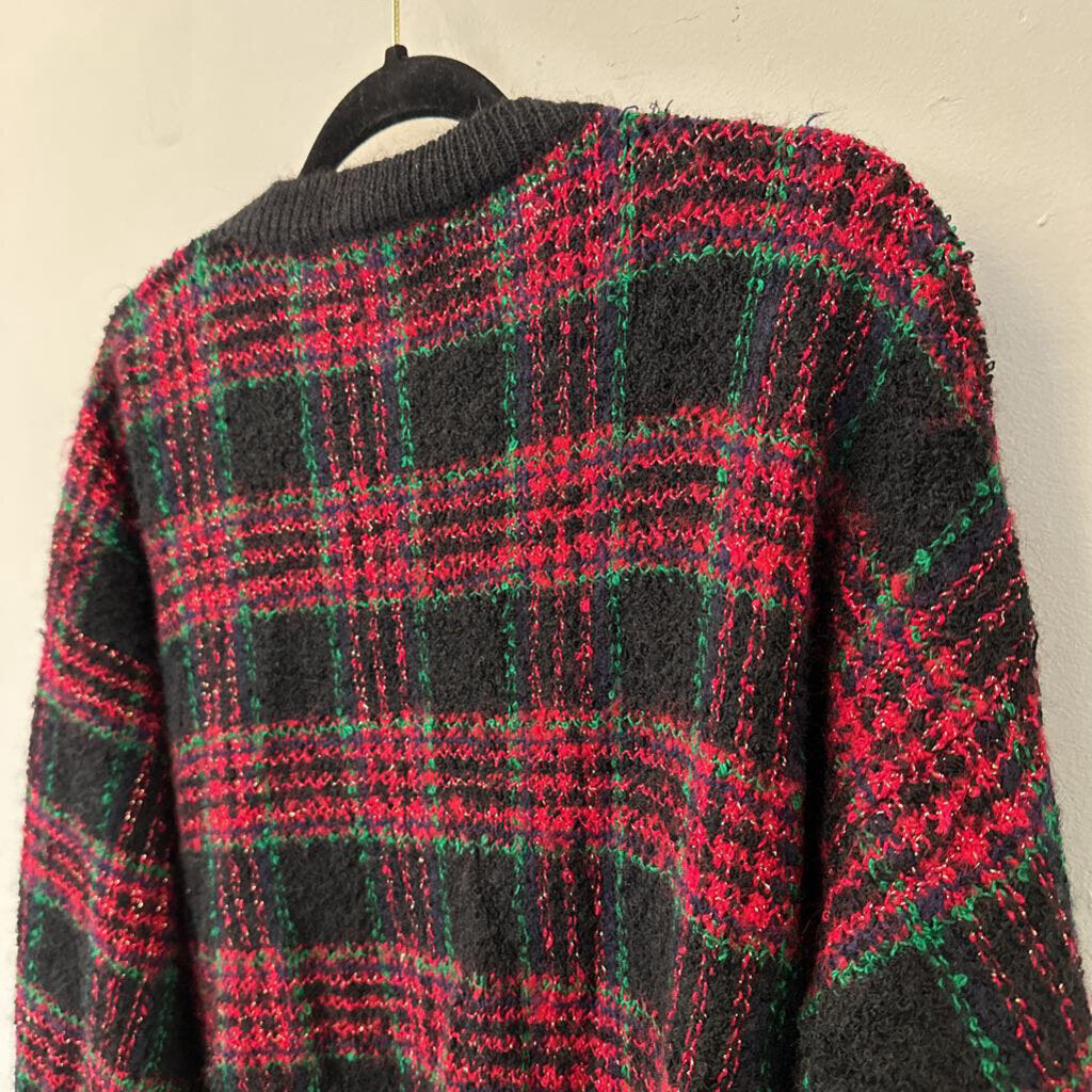 Vintage Danielle Martin Black/ Red Green Plaid Cardigan Christmas Sweater Medium