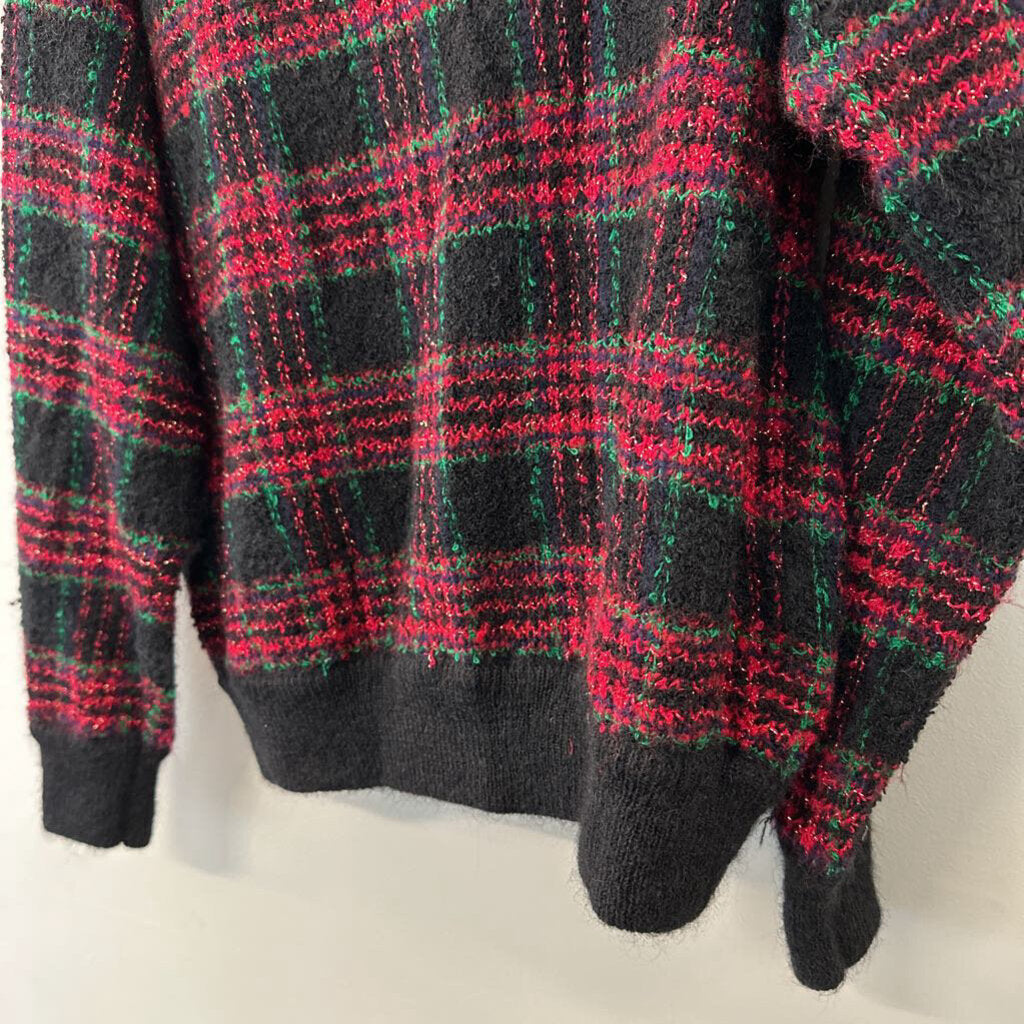 Vintage Danielle Martin Black/ Red Green Plaid Cardigan Christmas Sweater Medium