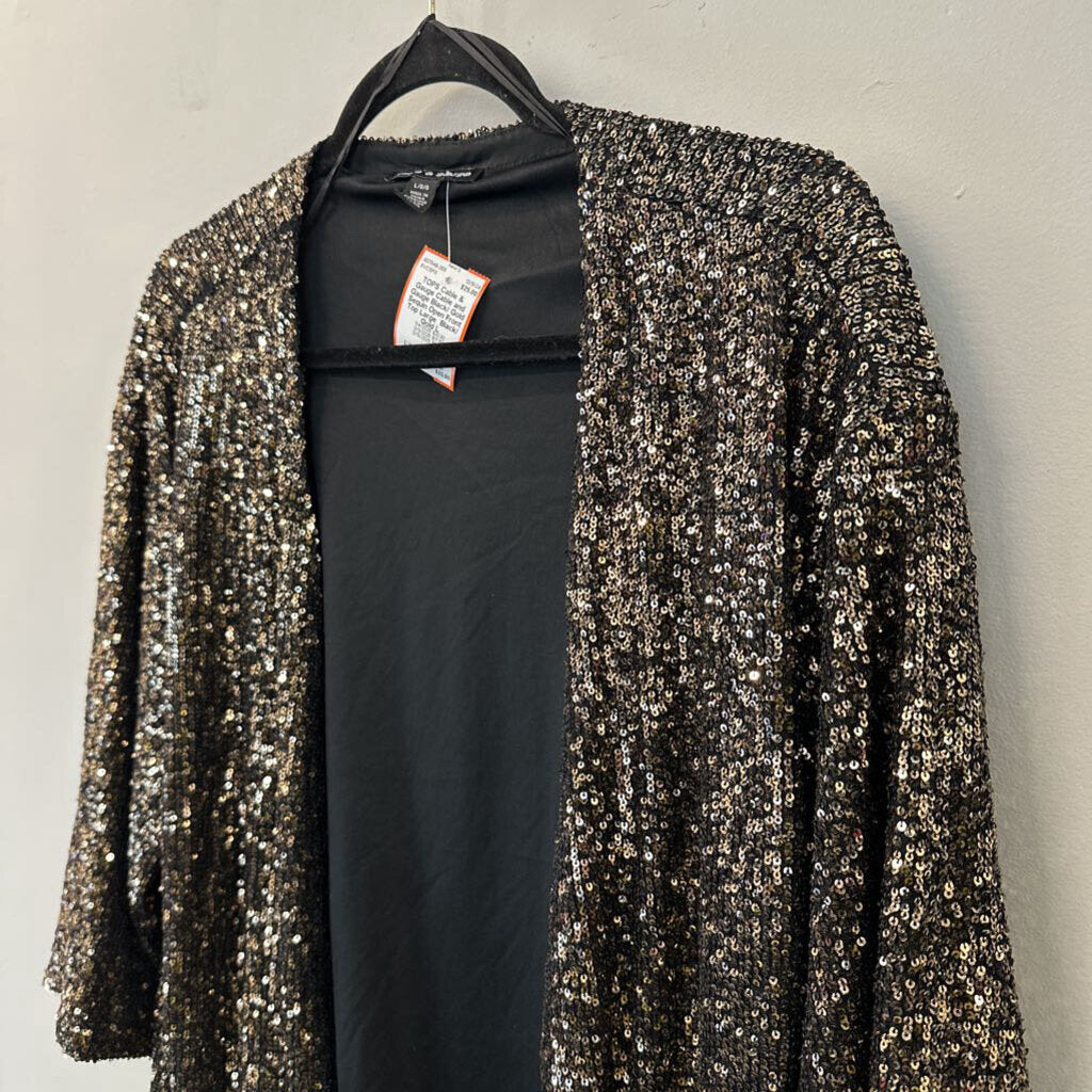 Cable and Gauge Black/ Gold Sequin Open Front Top Large