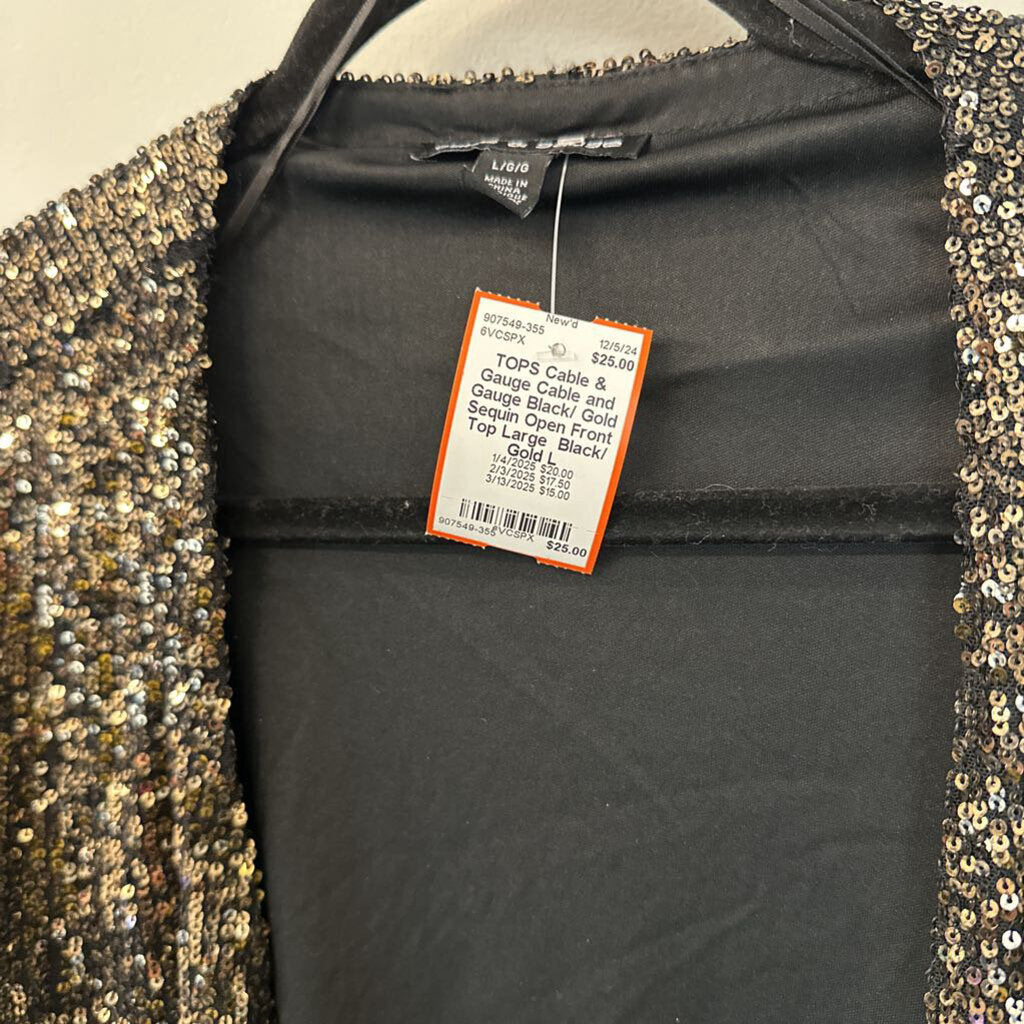 Cable and Gauge Black/ Gold Sequin Open Front Top Large