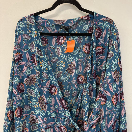 Torrid Blue/ Multi Print Long Sleeve Tie Waist Top 5 Plus