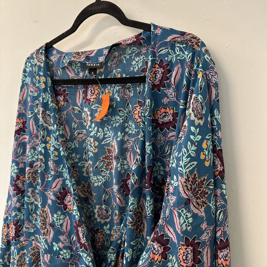 Torrid Blue/ Multi Print Long Sleeve Tie Waist Top 5 Plus