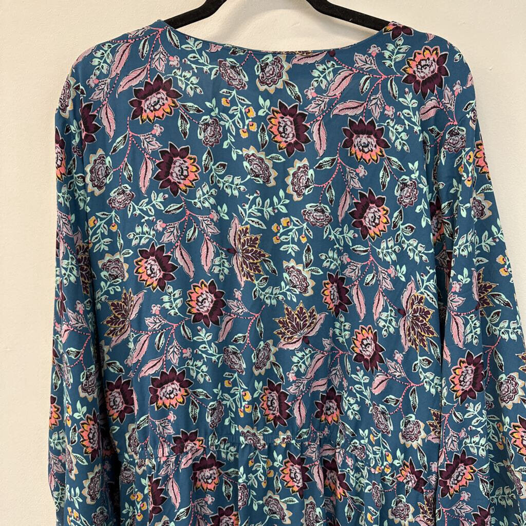 Torrid Blue/ Multi Print Long Sleeve Tie Waist Top 5 Plus