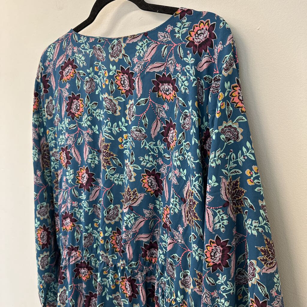 Torrid Blue/ Multi Print Long Sleeve Tie Waist Top 5 Plus