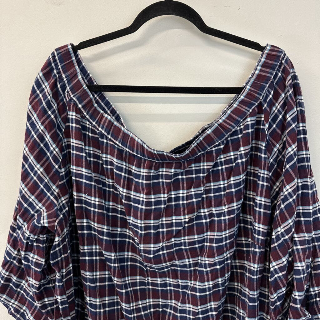 Denim 24/7 Burgundy/ Navy Plaid Off Shoulder Top 28W Plus