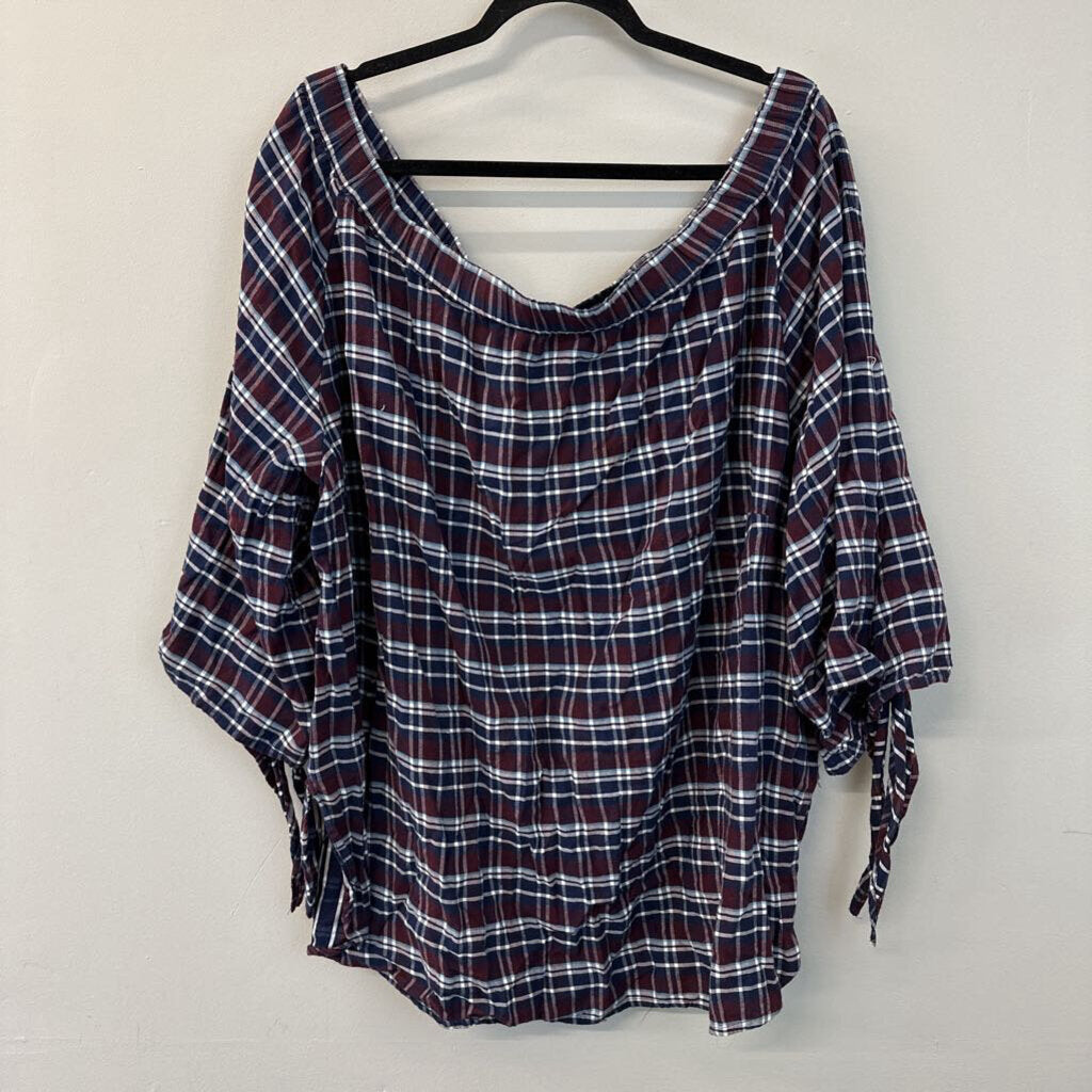 Denim 24/7 Burgundy/ Navy Plaid Off Shoulder Top 28W Plus