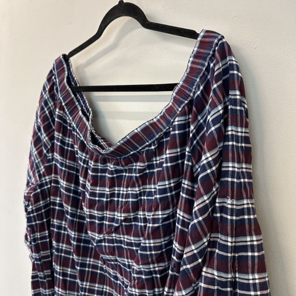 Denim 24/7 Burgundy/ Navy Plaid Off Shoulder Top 28W Plus