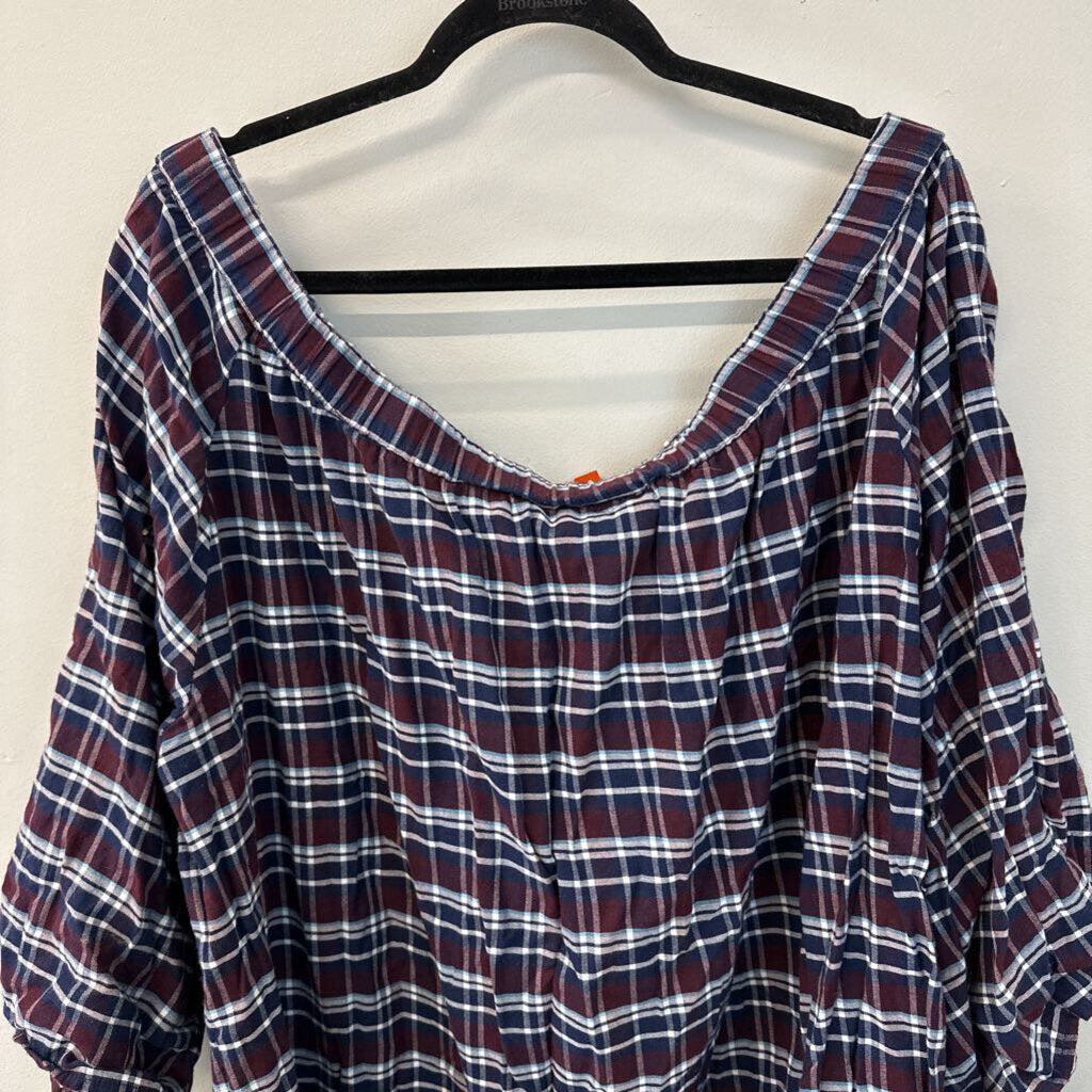 Denim 24/7 Burgundy/ Navy Plaid Off Shoulder Top 28W Plus