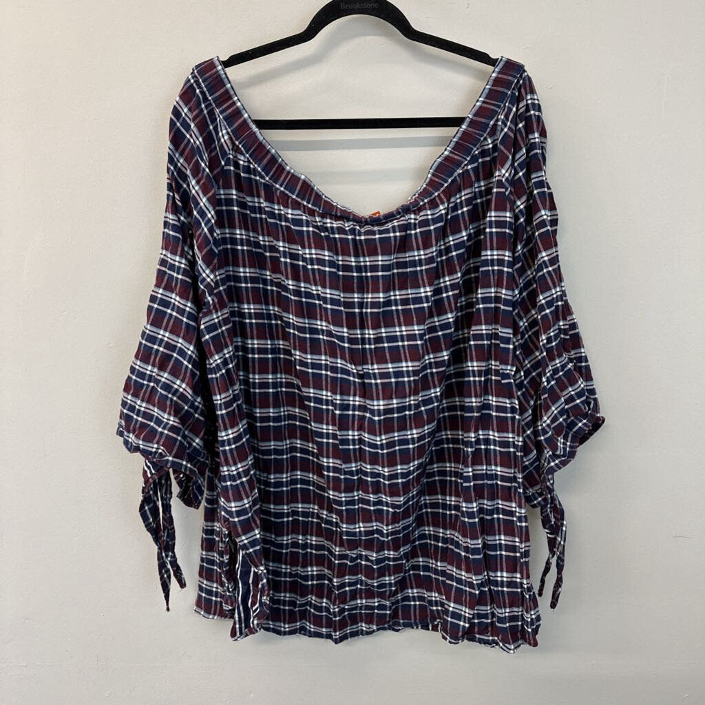 Denim 24/7 Burgundy/ Navy Plaid Off Shoulder Top 28W Plus