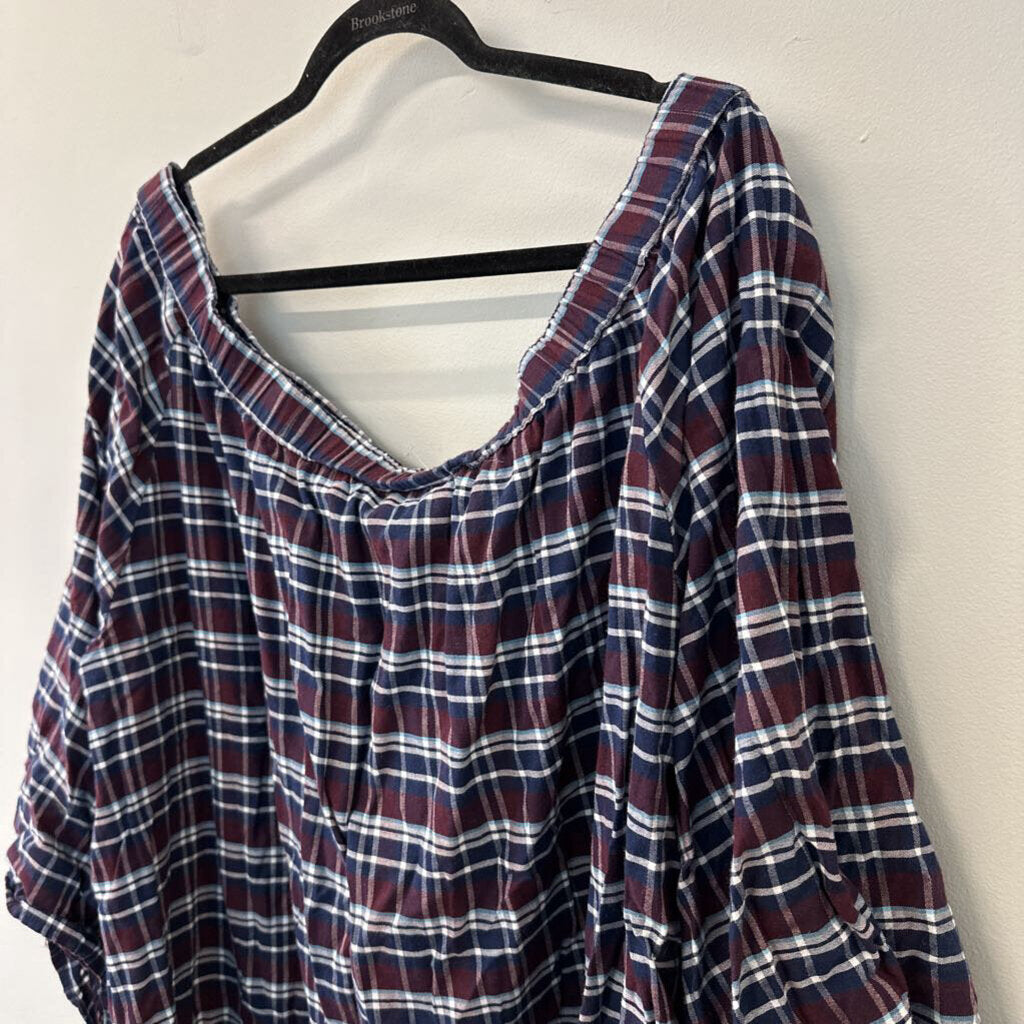 Denim 24/7 Burgundy/ Navy Plaid Off Shoulder Top 28W Plus