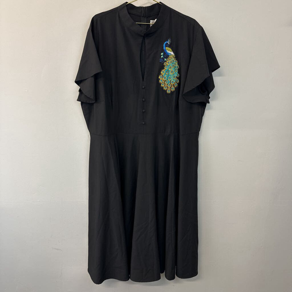 Unique Vintage Black Peacock Short Ruffle Sleeve Dress 5X Plus