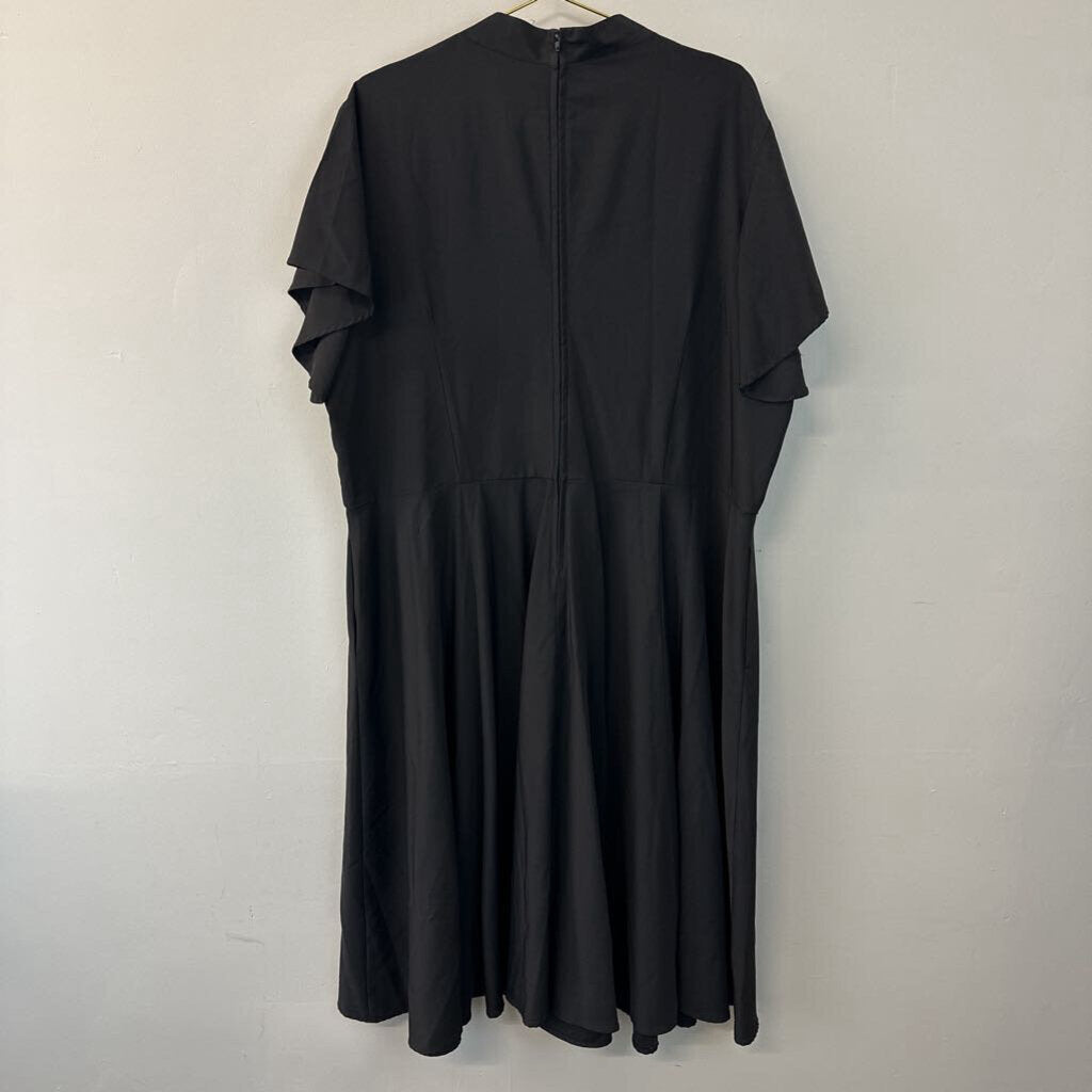 Unique Vintage Black Peacock Short Ruffle Sleeve Dress 5X Plus