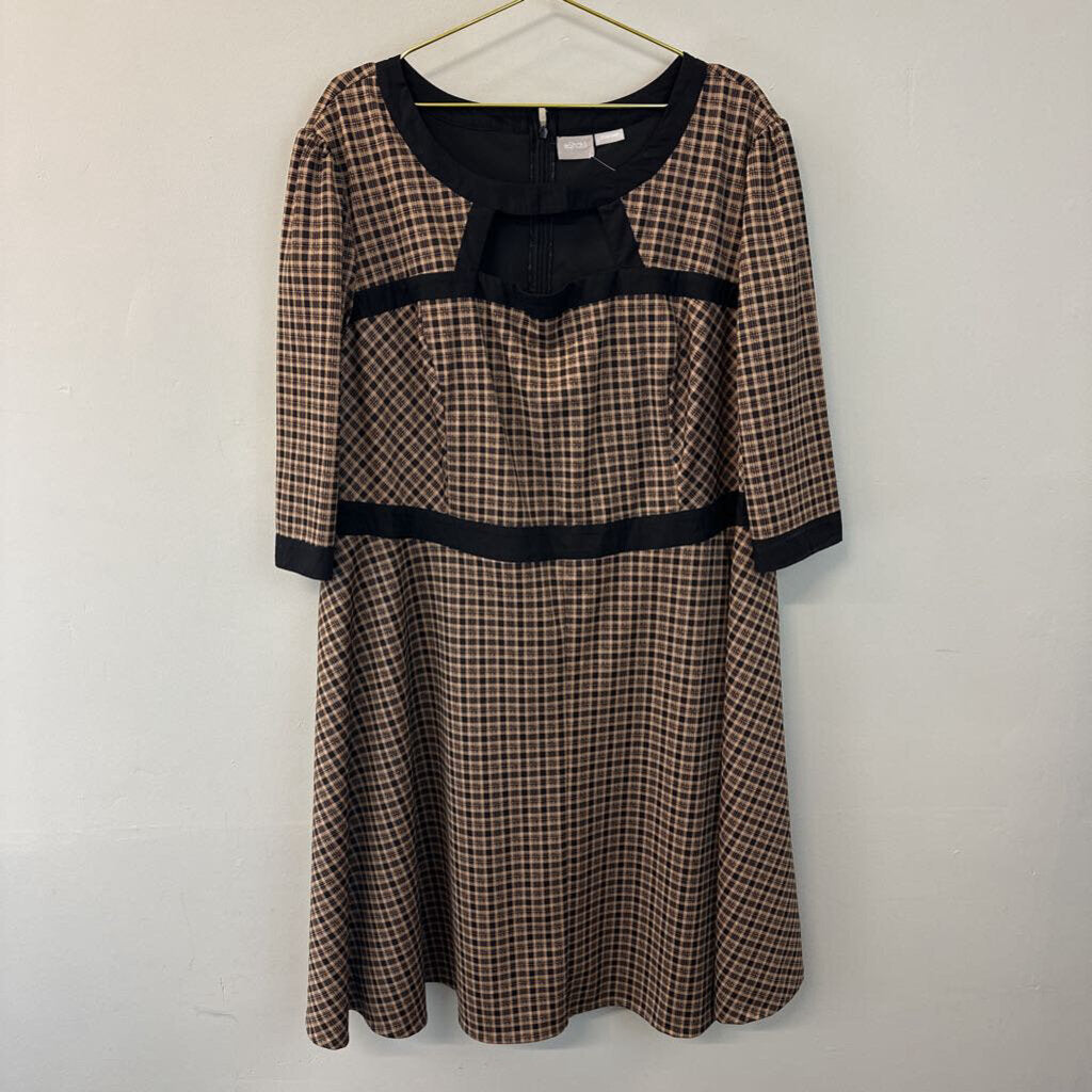 eShakti Brown/ Black Checkered Plaid Long Sleeve Dress 4X Plus