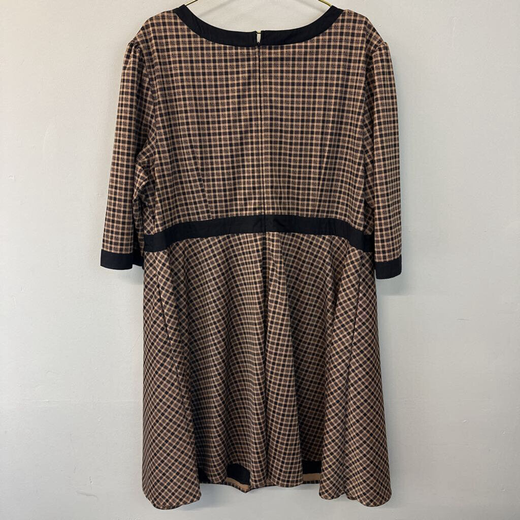 eShakti Brown/ Black Checkered Plaid Long Sleeve Dress 4X Plus