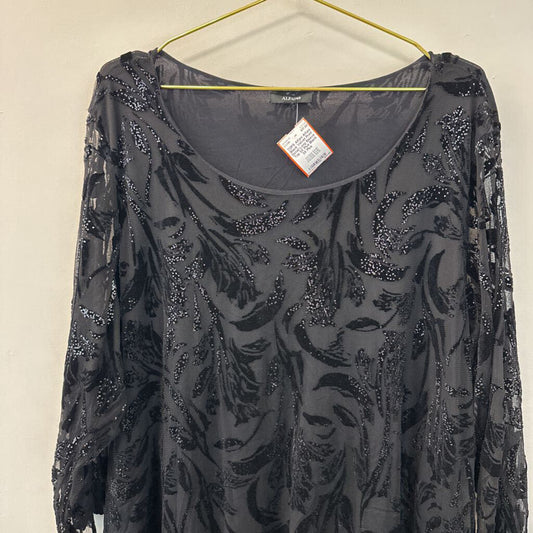 Alfani Black Velvet Print Detail Long Sleeve Top 3X Plus