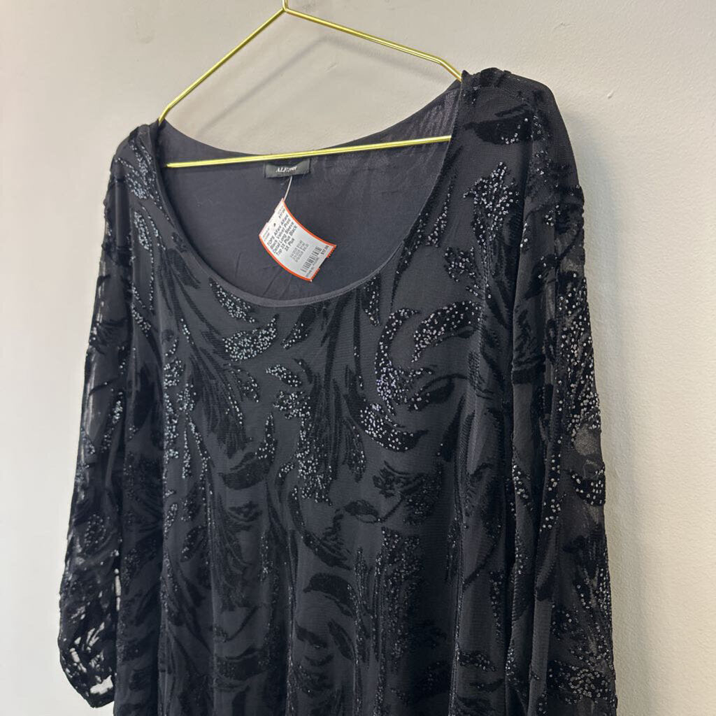 Alfani Black Velvet Print Detail Long Sleeve Top 3X Plus