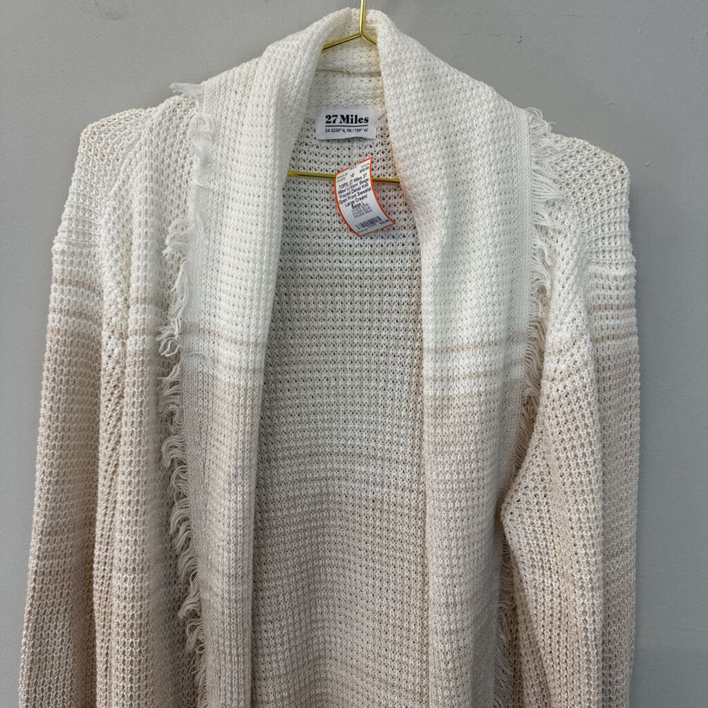 27 Miles Cream/ Beige Frayed Detail Knit Open Front Sweater Large