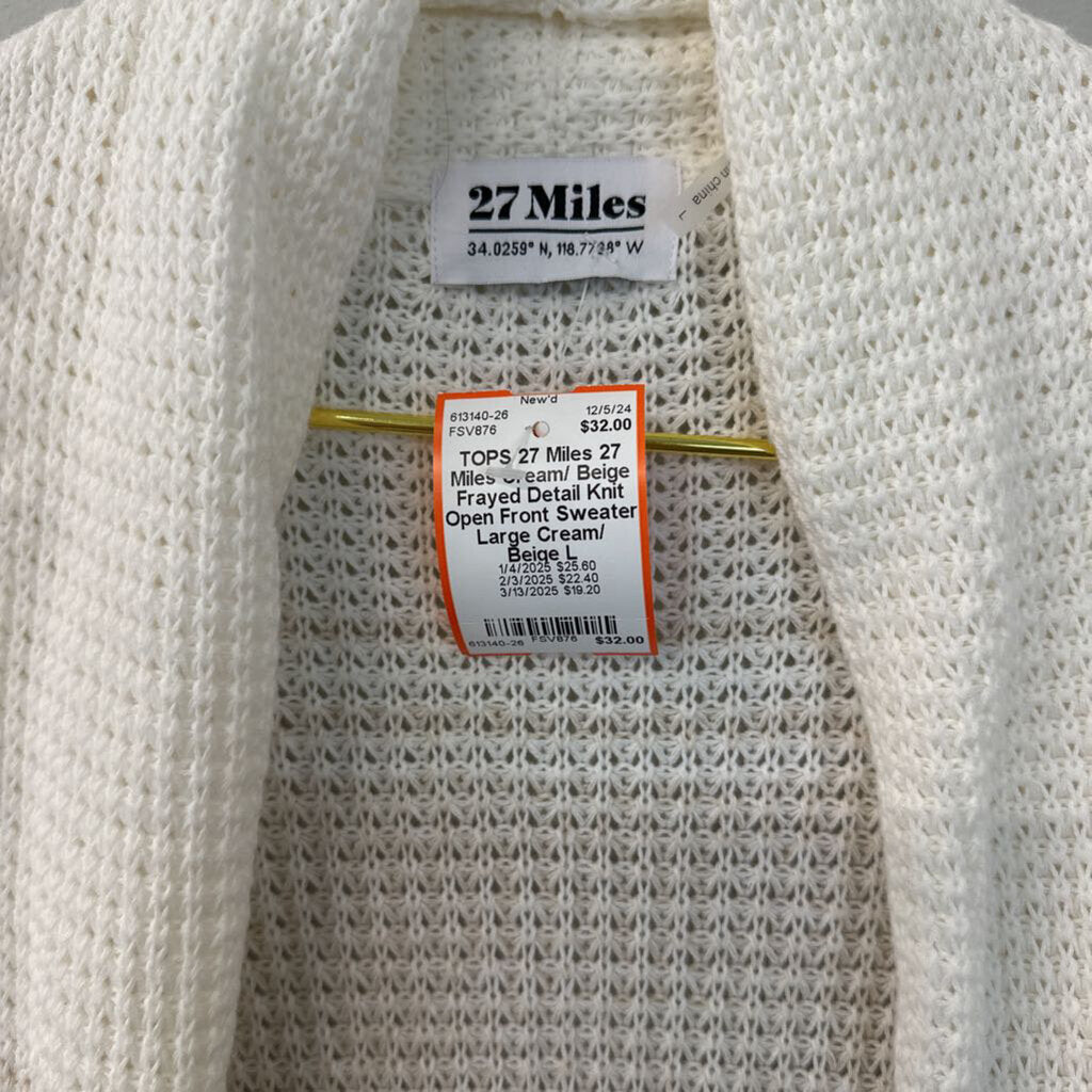 27 Miles Cream/ Beige Frayed Detail Knit Open Front Sweater Large