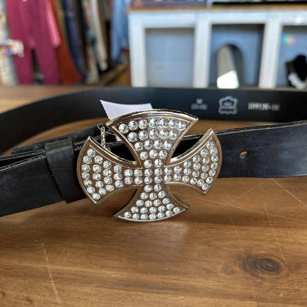 Black Leather Embellished Buckle Belt Medium