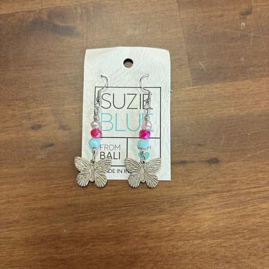 Suzie Blue Beaded Drop Butterfly Earrings