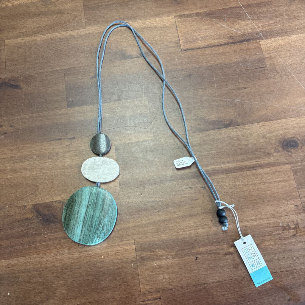 Grey/ Blue Wood Drop Long Necklace