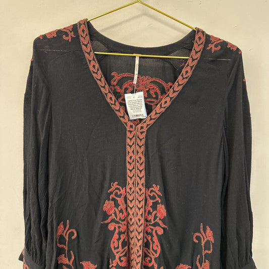 Free People Black/ Red Embroidered Long Sleeve Tunic Top Extra Small