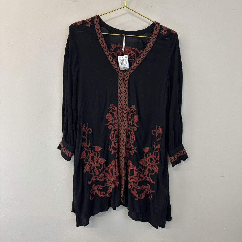 Free People Black/ Red Embroidered Long Sleeve Tunic Top Extra Small