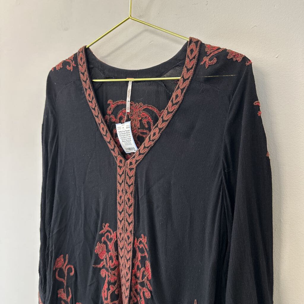 Free People Black/ Red Embroidered Long Sleeve Tunic Top Extra Small