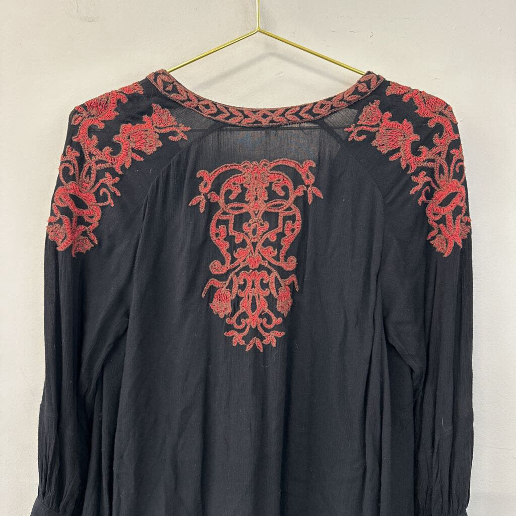 Free People Black/ Red Embroidered Long Sleeve Tunic Top Extra Small