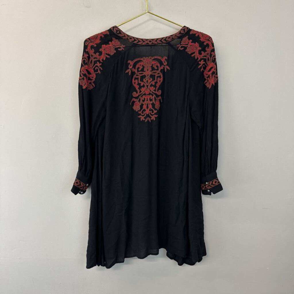 Free People Black/ Red Embroidered Long Sleeve Tunic Top Extra Small