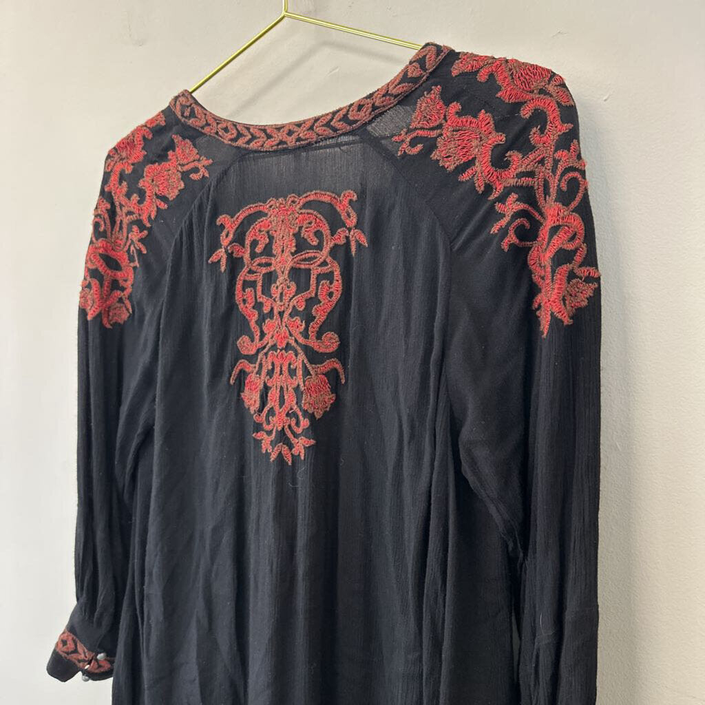 Free People Black/ Red Embroidered Long Sleeve Tunic Top Extra Small