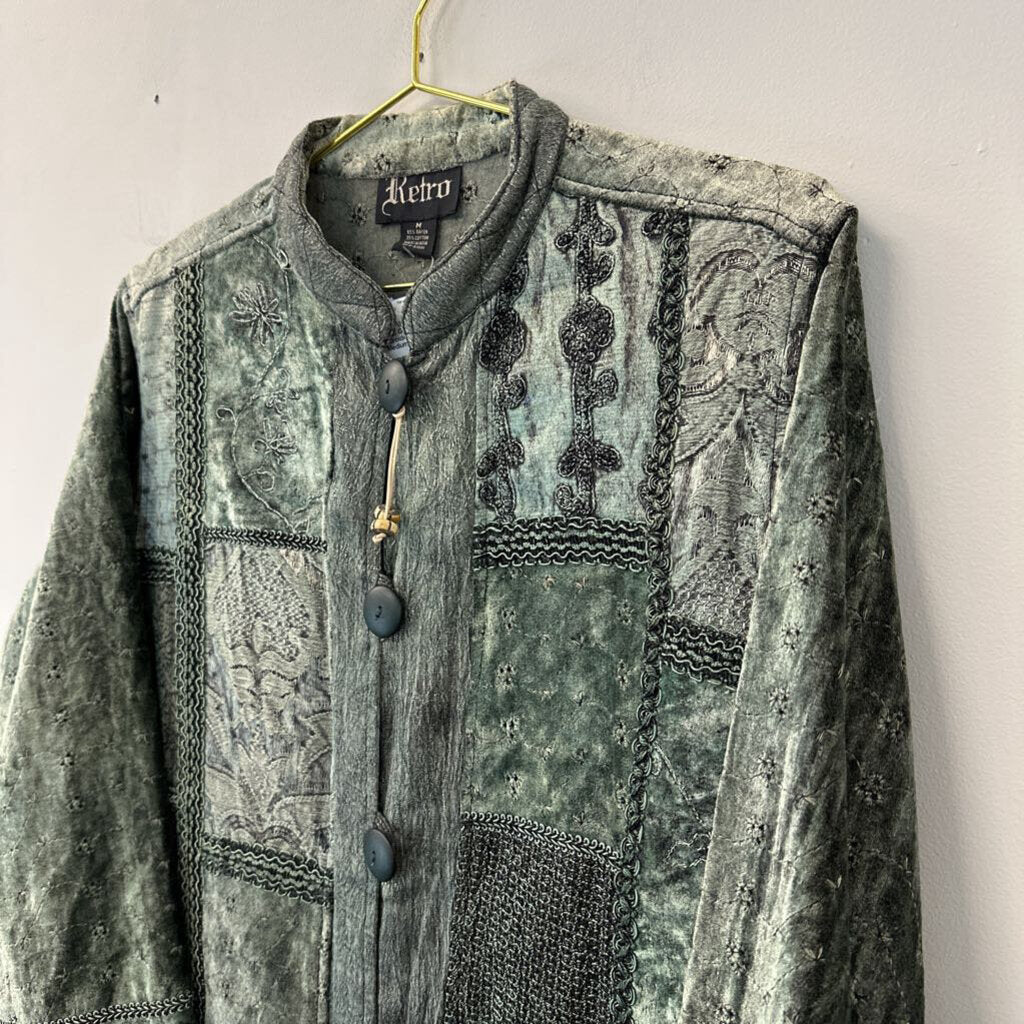 Retro Green Velvet Embroidered Jacket Medium