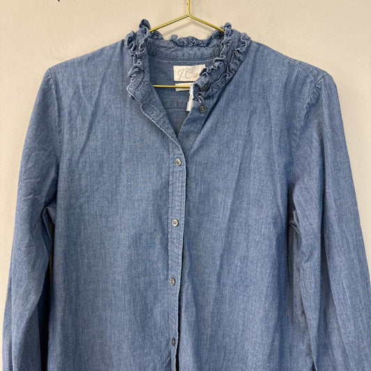 J Crew Blue Chambray Button Down Ruffle Collar Top Medium