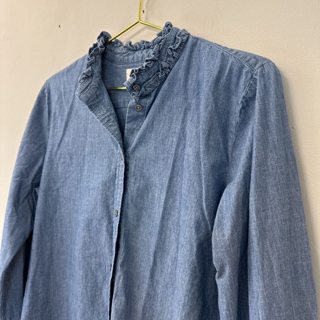 J Crew Blue Chambray Button Down Ruffle Collar Top Medium