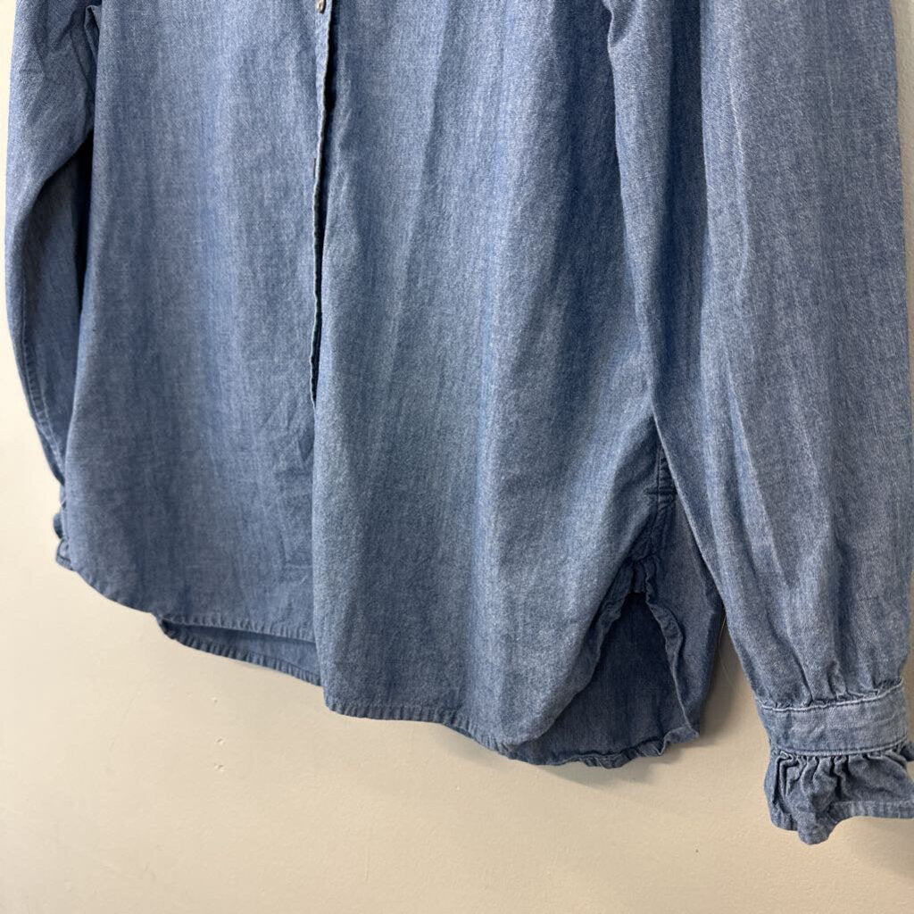 J Crew Blue Chambray Button Down Ruffle Collar Top Medium