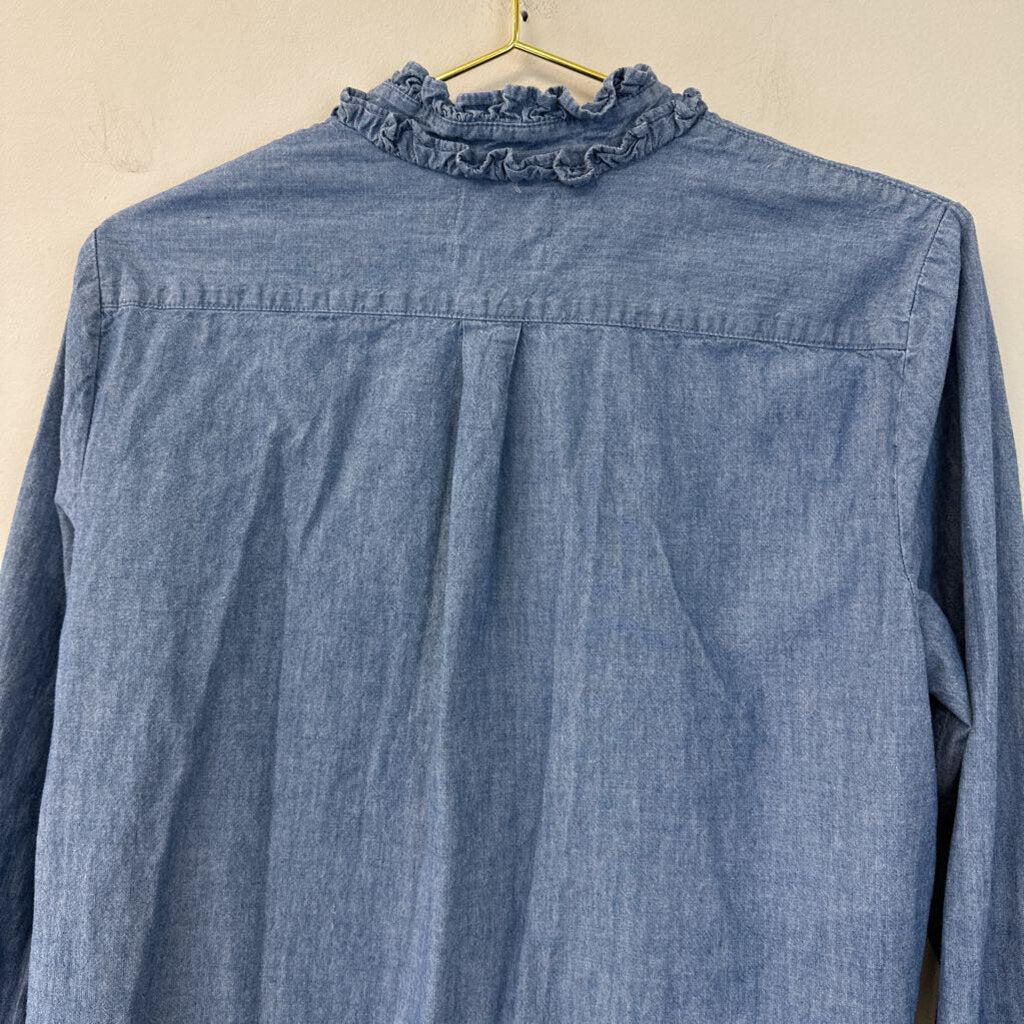 J Crew Blue Chambray Button Down Ruffle Collar Top Medium