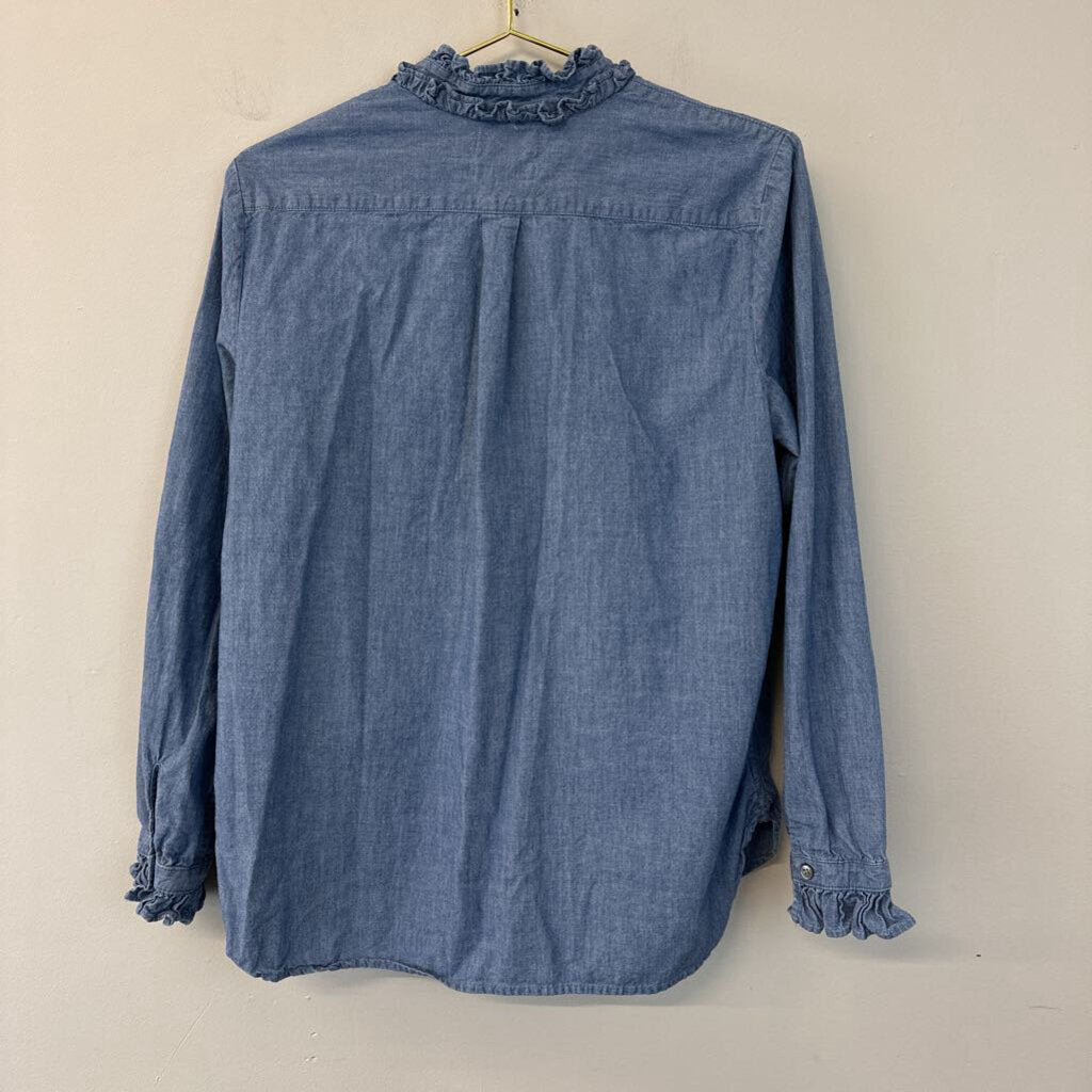 J Crew Blue Chambray Button Down Ruffle Collar Top Medium