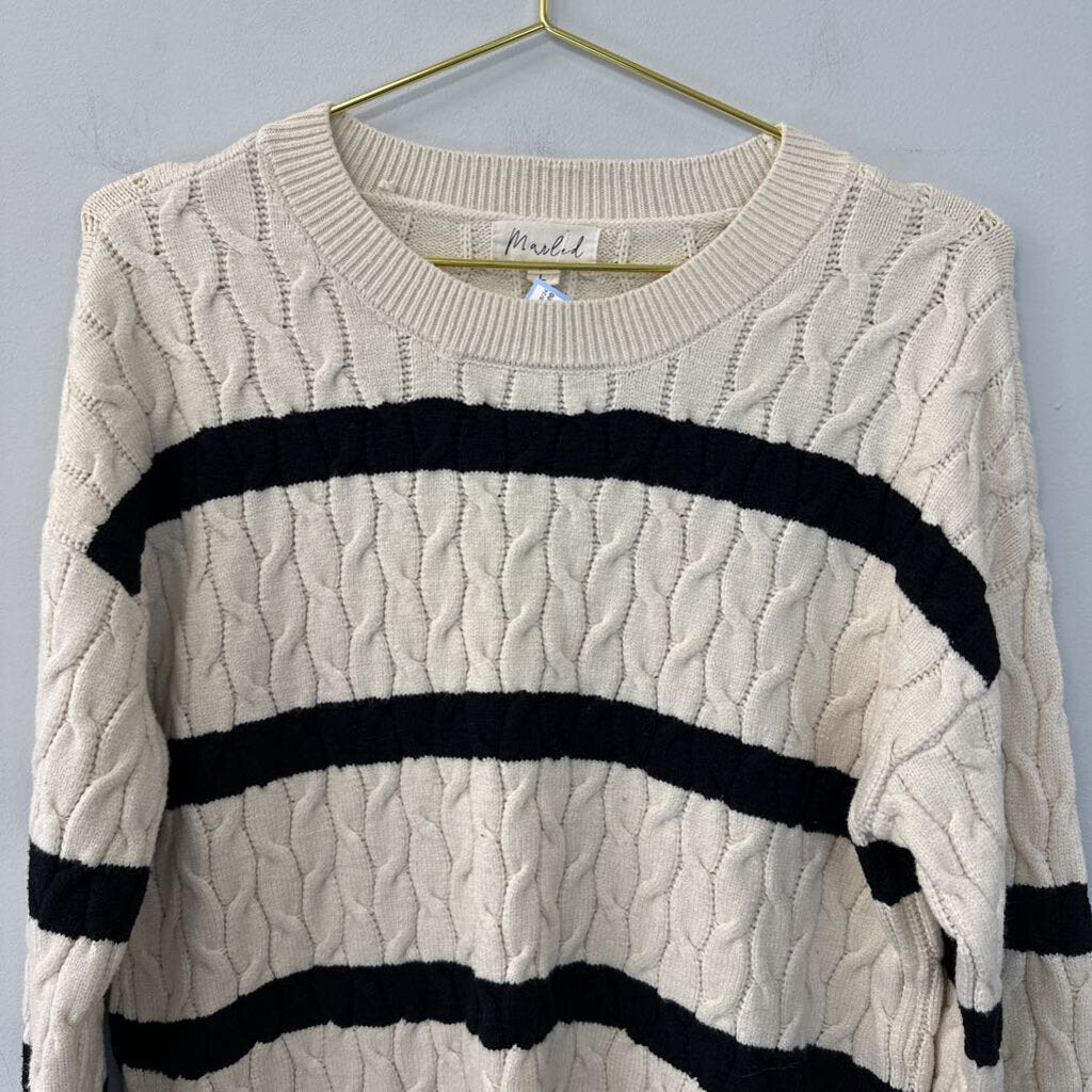 Marled Cream/ Black Stripe Cable Knit Sweater Large