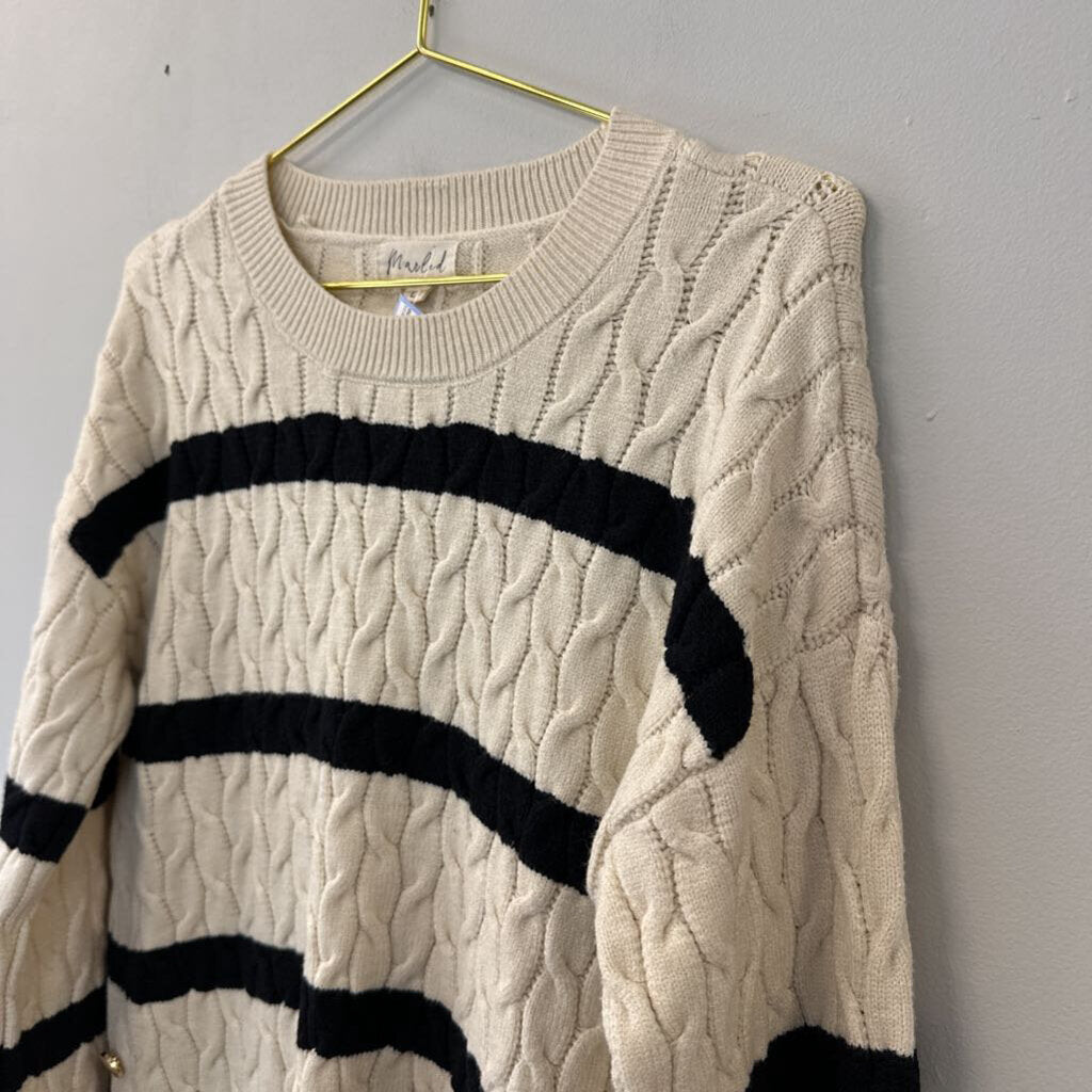 Marled Cream/ Black Stripe Cable Knit Sweater Large