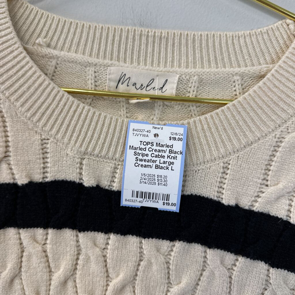 Marled Cream/ Black Stripe Cable Knit Sweater Large