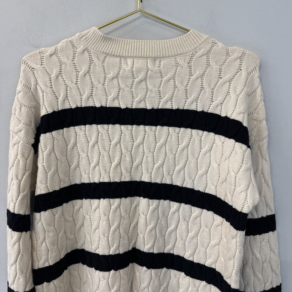 Marled Cream/ Black Stripe Cable Knit Sweater Large