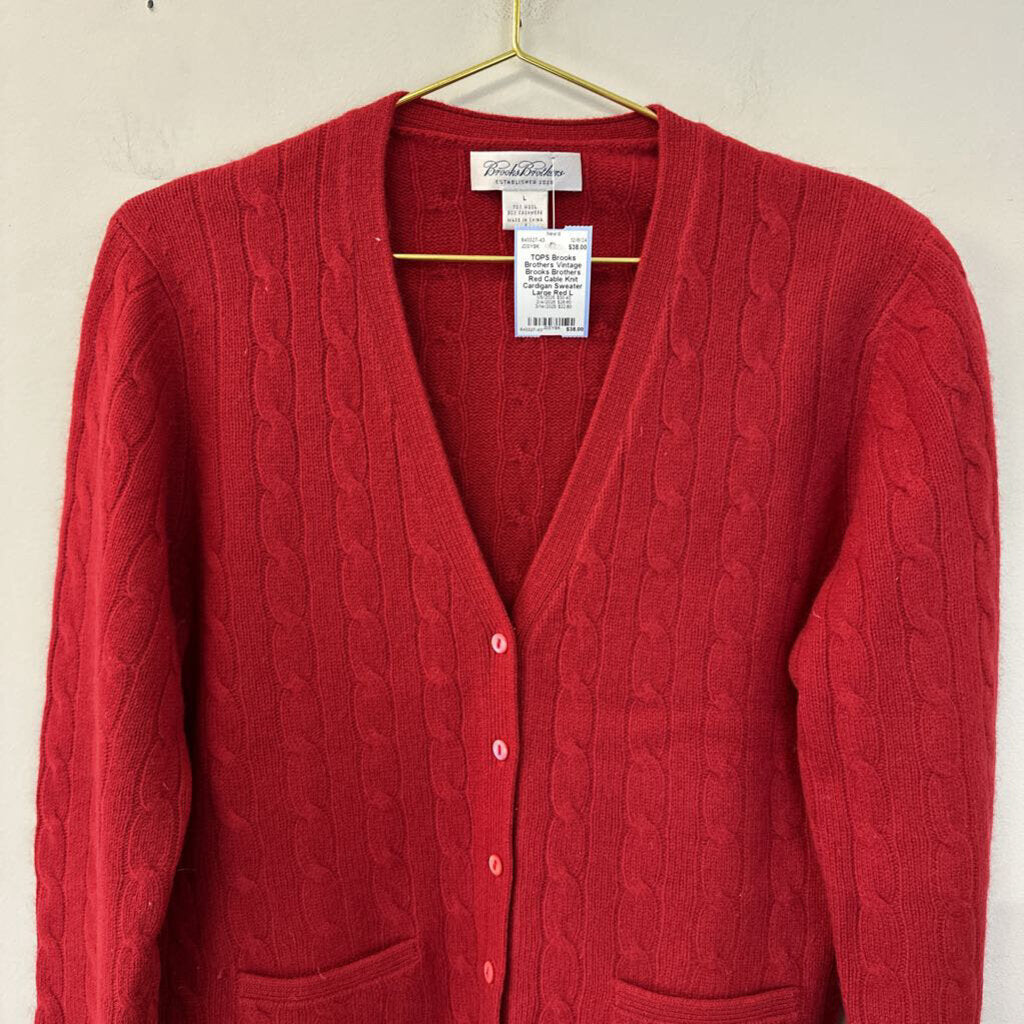 Vintage Brooks Brothers Red Cable Knit Cardigan Sweater Large