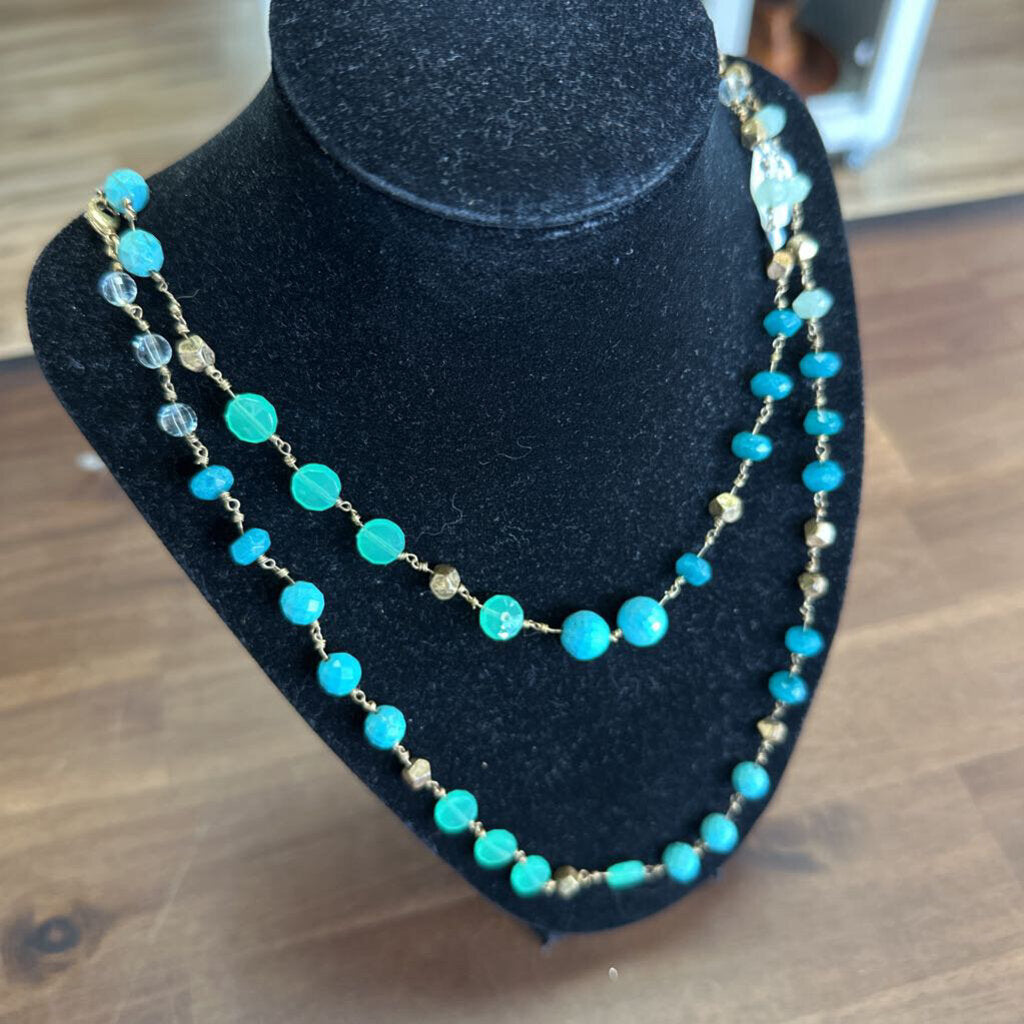 Stella and Dot Gold/ Blue Beaded Long Necklace